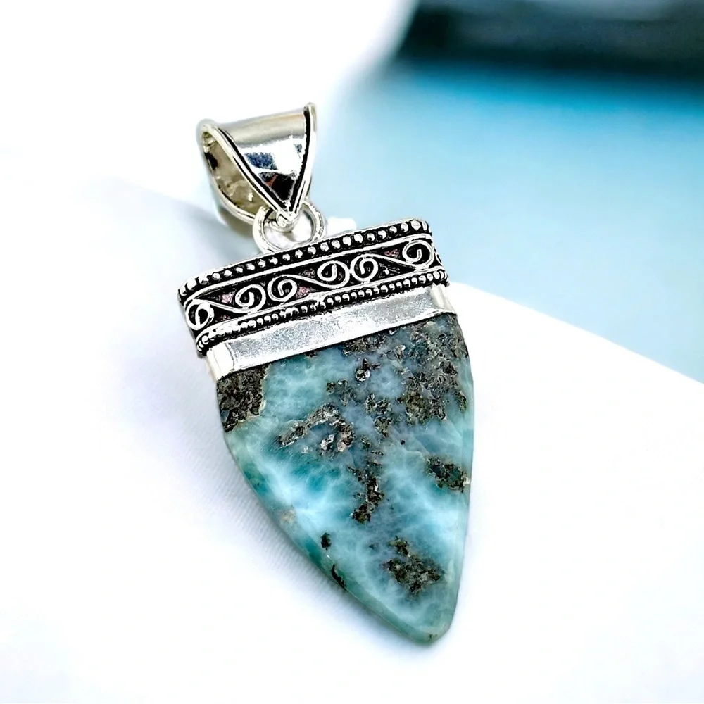 Larimar Caribbean Natural Gemstone 925 Silver Pendant Necklace